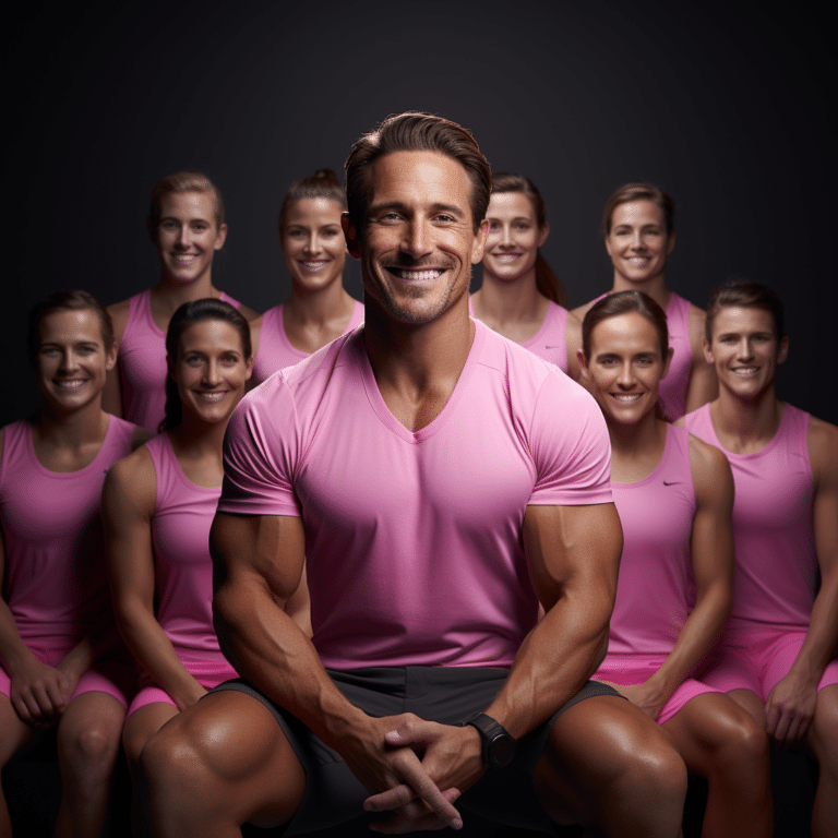 smiling man in the middle of a bunch of flirty female fitness models