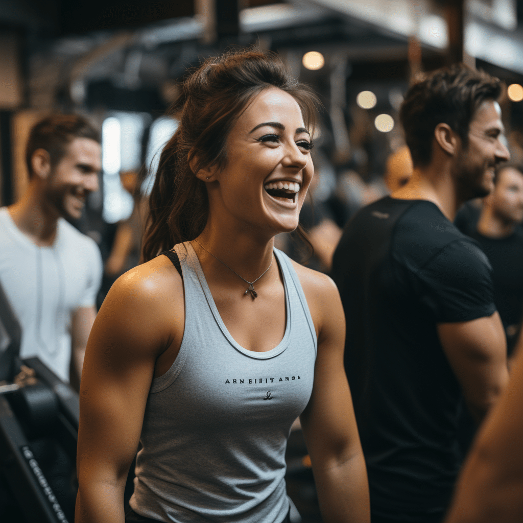 female fitness model laughing in gym while men look at her