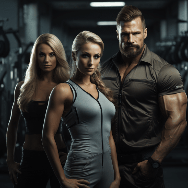 female fitness models with bodybuilders at gym