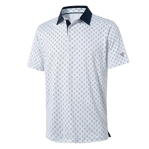 Golf Shirts For Men Dry Fit Short Sleeve Print Performance Moisture Wicking Polo Shirt White