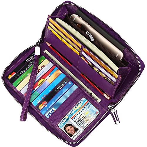 Lavemi Women'S Rfid Blocking % Leather Large Capacity Zip Around Wallet Phone Holder Clutch Travel Purse Wristlet(Large Size Purple)