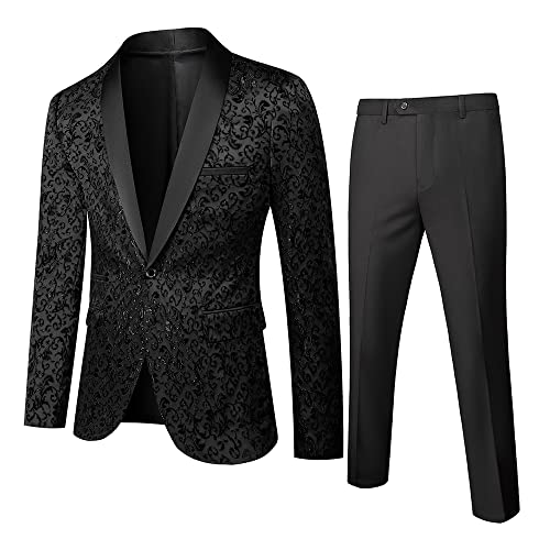 Livezou Men'S Floral Dinner Party Prom Wedding Stylish Tuxedo Coat Suit, Black Piece, Medium