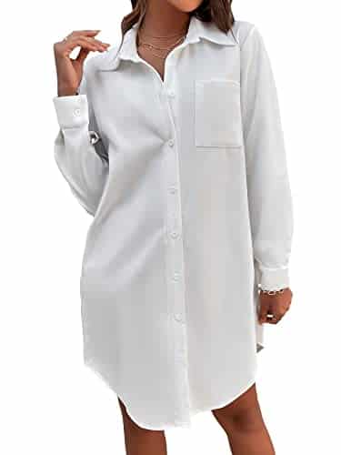 Makemechic Women'S Casual Solid Long Sleeve Collared Button Down Short Shirt Dress White M