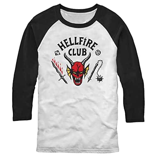 Men'S Stranger Things Hellfire Club Costume Baseball Tee   Whiteblack   Small