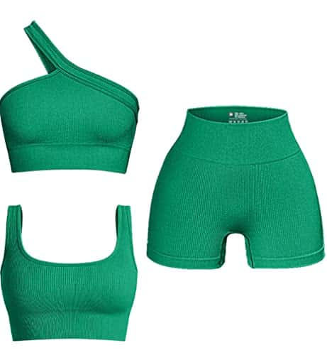 Oqq Women'S Piece Ribbed Seamless Exercise Scoop Neck Sports One Shoulder High Waist Active Set Shorts Bra Outfit, Green, Small