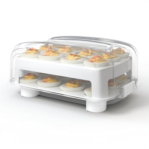 Top Shelf Elements Deviled Egg Carrier, Fashionable Egg Holder Carries Standard Size Deviled Eggs, Durable Egg Traveler Two Tier Stand And Reusable Egg Box (White)