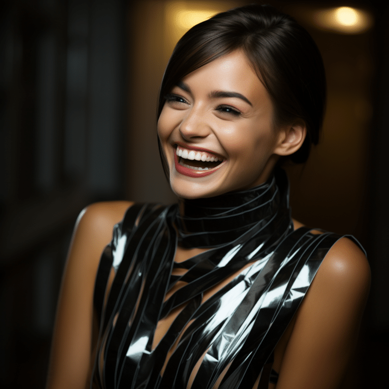 female model with duck tape and a tupe and gel smiling