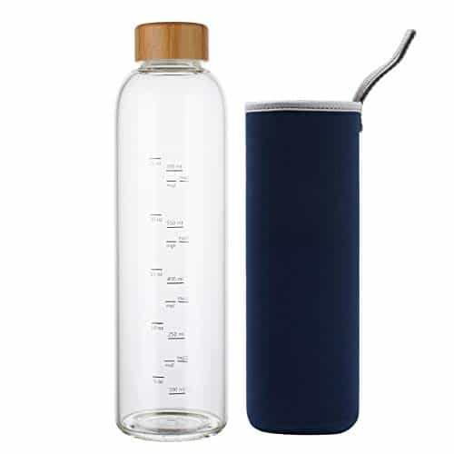 Sunkey Oz Glass Water Bottle With Time Marker Bamboo Lid Neoprene Sleeve For To Go Travel Gym Home Reusable Eco Friendly Bpa Free (Navy Blue)