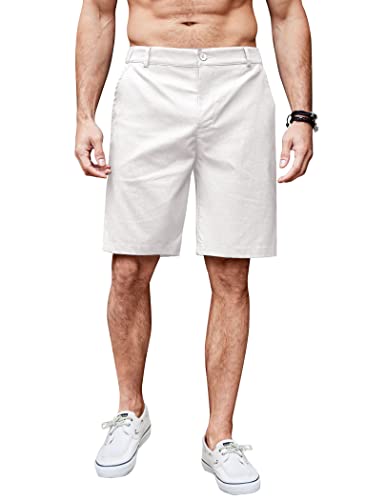 Coofandy Men'S Casual White Shorts Linen Beach Shorts Summer Flat Front Shorts Elastic Waist Chino Shorts