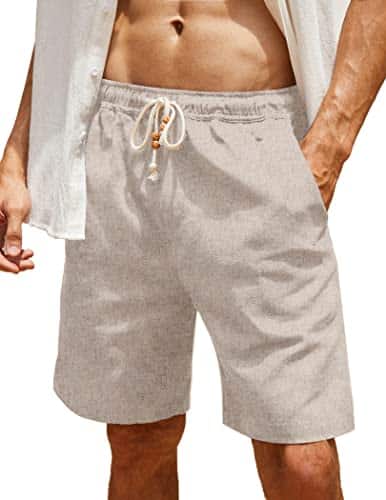 Coofandy Mens Fishing,Walk,Golf,Cycling,Running, Shorts, Flat Front Linen Lightweight Drawstring Summer Beach, X Large, Light Khaki