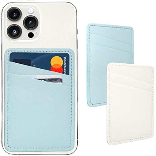 Card Holder For Phone Case, Phone Card Holder Leather, Dual Pocket Phone Wallet Stick On For Iphone, Android Cell Phone   White Blue