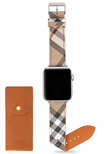 Designer Band Compatible With Apple Watch Mm Mm Mm, Luxury Beige Plaid Elements Soft Leather Iwatch Band With Classic Firmly Buckle For Iwatch Seriesse For Womenman