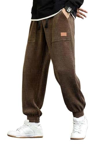 Jmierr Men'S Baggy Corduroy Pants Casual Cargo Pants Drawstring Waist Stretch Tapered Joggers Sweatpants Pants With Pocket For Men,(L),Brown