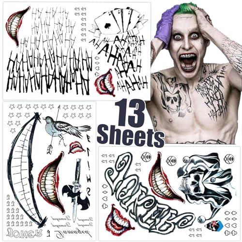 Joker Tattoos Sheets,Halloween Temporary Tattoos For Men,Suicide Squad Fake Tattoo Stickers For Adults,Clown Costume Masquerade Cosplay Party Accessories Face Makeup,Large Size Waterproof