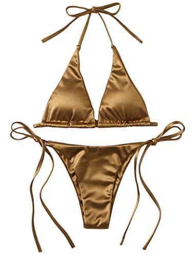 Soly Hux Women'S Metallic Halter Top Two Piece Swimsuit Tie Side Triangle Bikini Gold L