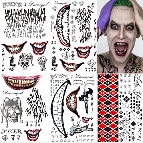 Zeecdatoo Sheets Large Size Joker Tattoos For Suicide Squad, Harley Quinn Tattoos Perfect For Halloween Cosplay Costumes And Party Accessories, Large ''X''