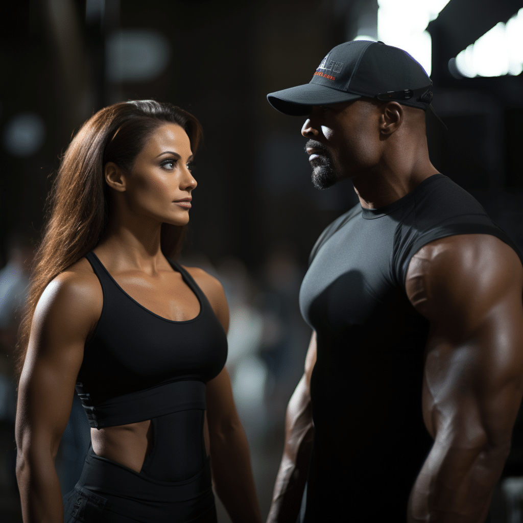 female fitness model looking at male bodybuilder on movie set