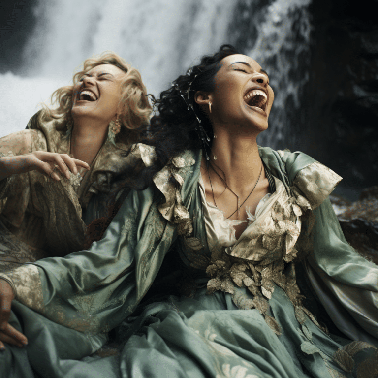 female supermodels laughing in waterfall