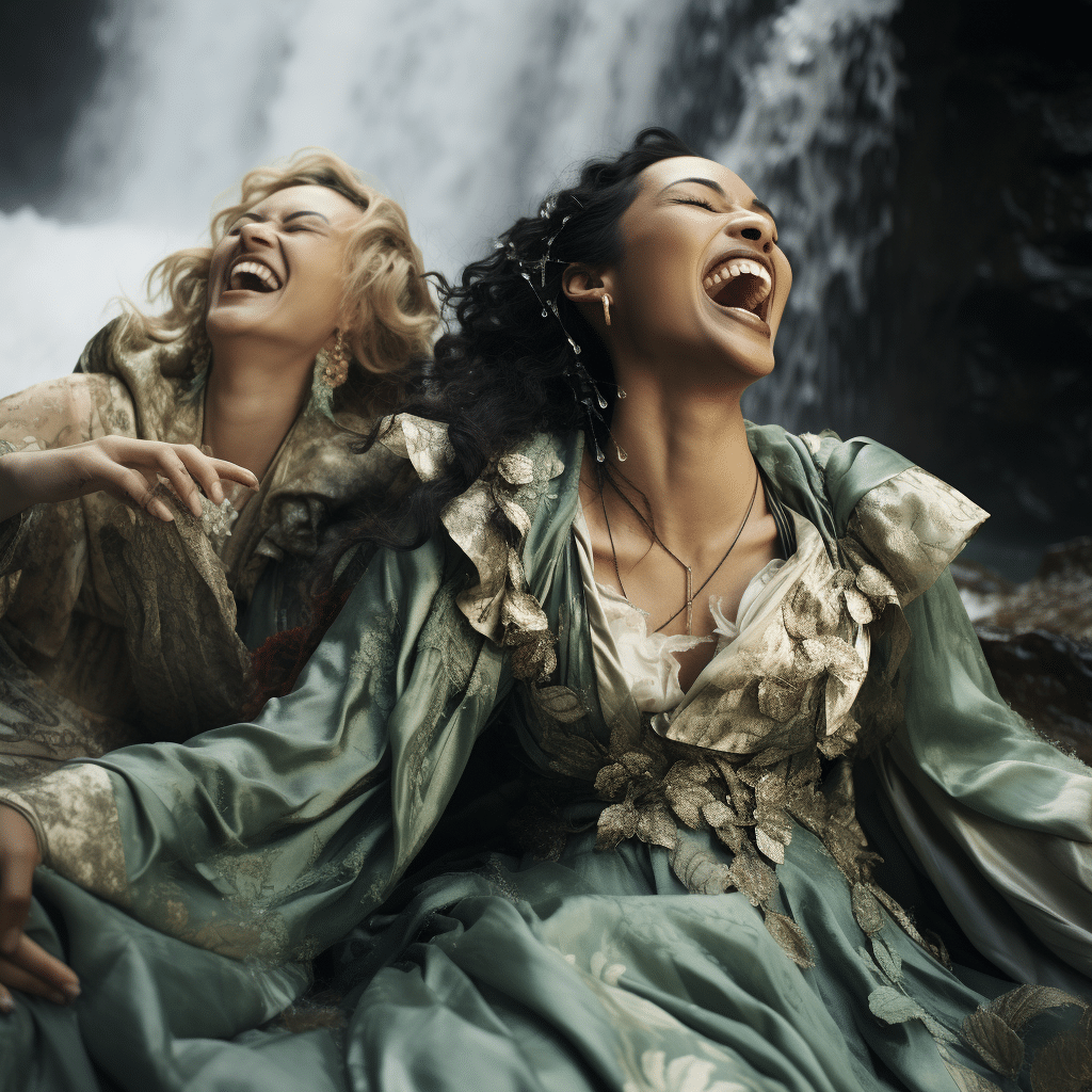 Female Supermodels Laughing In Waterfall