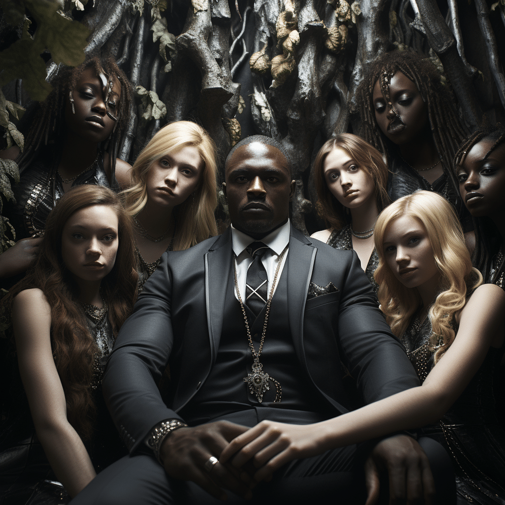 giant black man surrounded by small female blonde supermodels