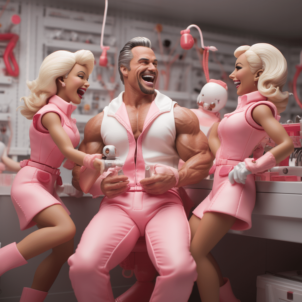 gym barbies laughing with male bodybuilders