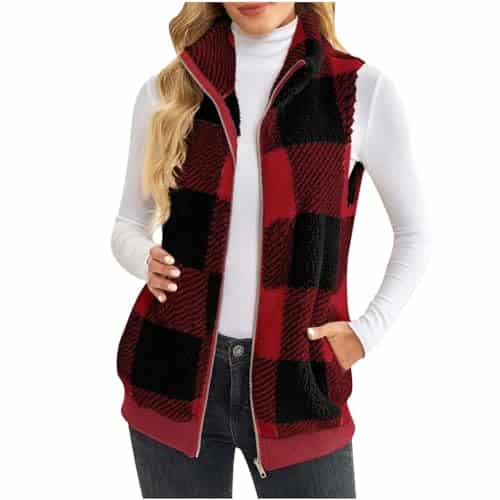 Prime Of Day Deals Today Omens Fashion Plaid Fleece Vest Casual Fuzzy Sleeveless Fuzzy Sherpa Vest Fluffy Zipper Jacket Warm Outerwear Teddy Coat Wine L