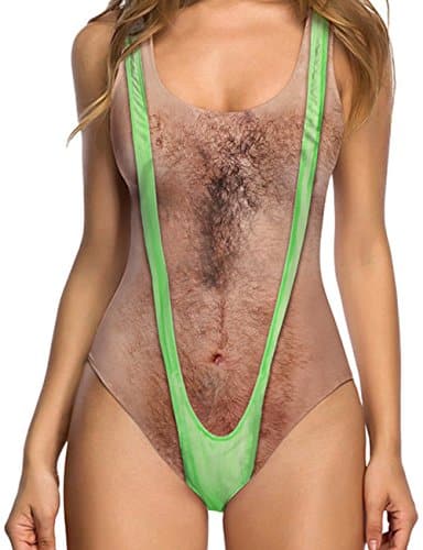 Uideazone Women Funny Chest Hair One Piece Bathing Suit Sexy Backless Padded Swimsuit Beach Wear