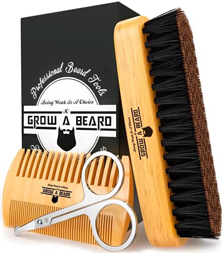 Beard Brush For Men &Amp; Beard Comb Set Wmustache Scissors Grooming Kit, Natural Boar Bristle Brush, Dual Action Wood Comb, And Travel Bag Great For Christmas Gift (Bamboo)