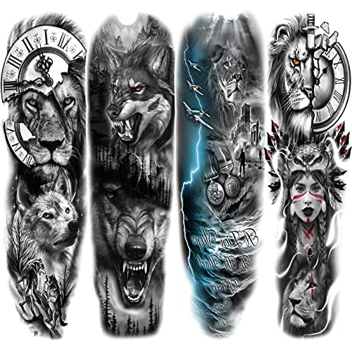 Briyhose Lion Wolf Temporary Tattoo Sleeve, Large Full Arm Animal Tribal Fake Tattoos Sleeve For Men Women Adult, Long Lasting Black Arm Temp Tatoo Sticker Leg Body Art Makeup, Sheet