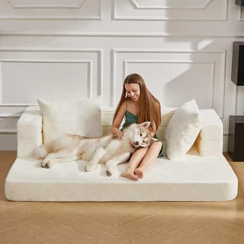 Cansunna In Folding Bean Bag Chair Beds Faux Fur Bean Bag Floor Sofa Large Foam Beanbag Convertible Bean Bag Couch Dog Bed With Two Pillows For Adults,Teens Bedroom,Living Roo