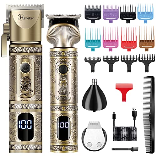 Hatteker Professional Hair Clipper And T Blade Trimmer Set For Men, Cordless Rechargeable Barber Clipper Beard Nose Hair Trimmer Multipurpose Grooming Kit Led Display(Gold)