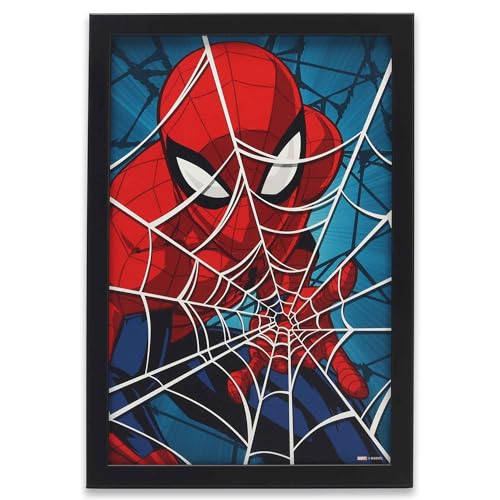 Marvel Spider Man In Webs Framed Wood Wall Decor   Comic Book Spider Man Picture For Bedroom Or Movie Room