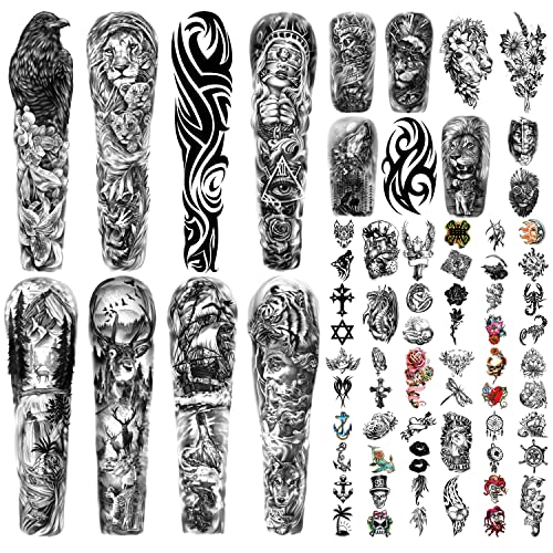 Metuu Sheets Full Arm Temporary Tattoos For Men And Women(Lx), Waterproof Realistic Large Fake Tattoo,Elk Deer Eagle Lion Wolf Tiger Totem Scorpion Tattoo Stickers For Hand Arm Leg Face