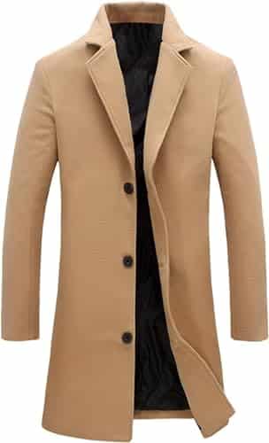 Springrain Men'S Wool Blend Pea Coat Notched Collar Single Breasted Overcoat Warm Winter Trench Coat(Khaki L)