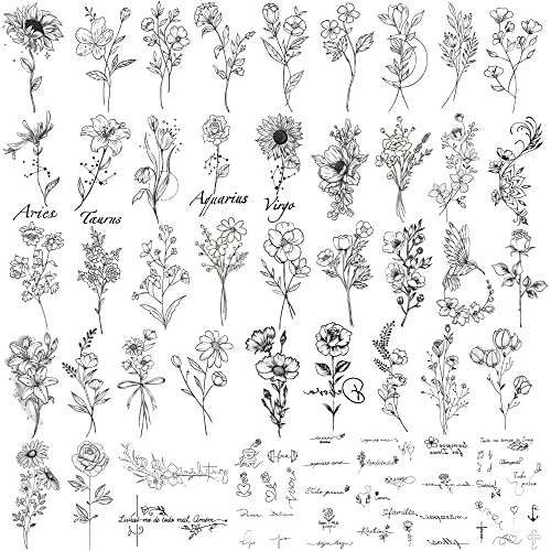 Waterproof Temporary Tattoo   Sheets Realistic Fake Tattoos, Sheets Inspirational Words Tattoo Stickers, Sheets Wild Flower Floral Rose Sunflower Bouquet Body Stickers For Adult Women Men Kids