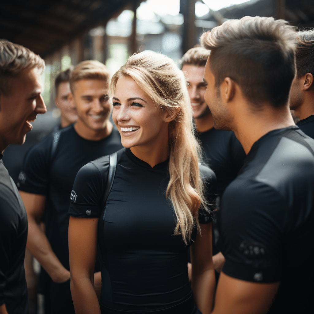 blonde female fitness models on movie set with laughing men