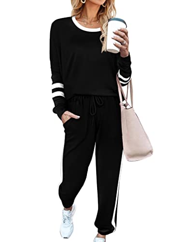 Aloodor Two Piece Outfits For Women Sweatsuits Sets Loose Fitting Drawstring Sweatpants Black M