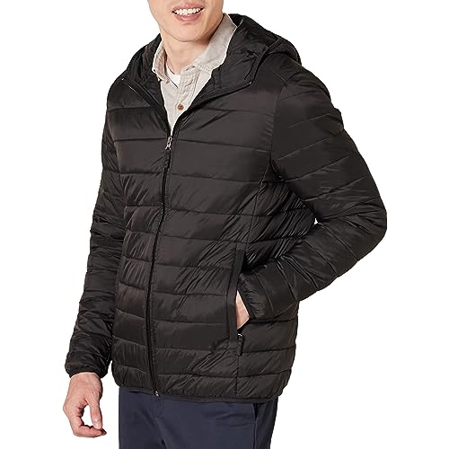 Amazon Essentials Men'S Lightweight Water Resistant Packable Hooded Puffer Jacket, Black, Medium