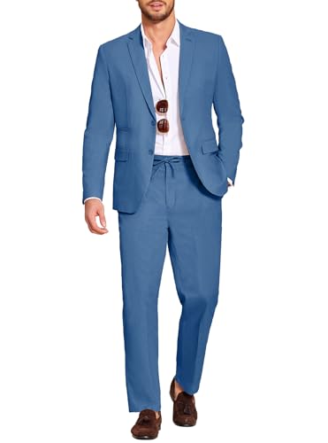 Coofandy Men'S Piece Linen Suits Set Regular Fit Casual Lightweight Blazer Jacket And Pants Blue