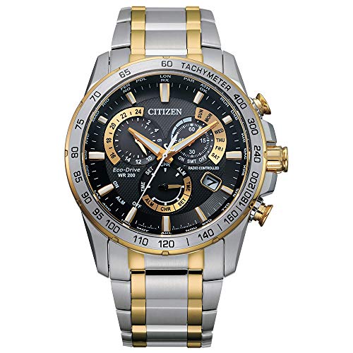 Citizen Men'S Eco Drive Sport Luxury Pcat Chronograph Watch In Two Tone Stainless Steel, Black Dial, Mm (Model Cbe)