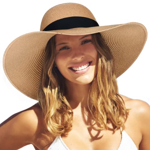 Furtalk Womens Sun Straw Hat Wide Brim Upf Summer Hat Foldable Roll Up Floppy Beach Hats For Women Khaki