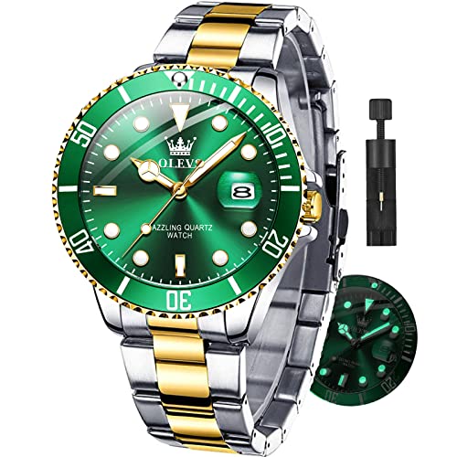 Gold And Green Watches,Stainless Steel Watch With Date,Waterproof Analog Quartz Fashion Green Men Watch,Olevs Watch,Luxury Dress Men Watch,Luminous Wristwatch Men Reloj De Hom