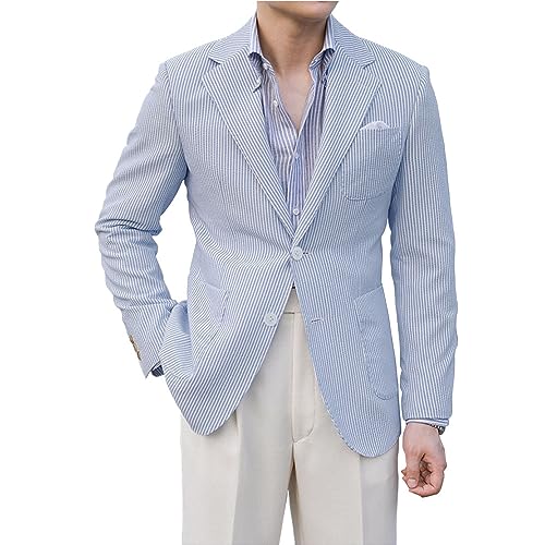 Leisure Mens Seersucker Jacket Summer Suits Jacket Blue Formal Slim Fit Blazer Breathable Outfit