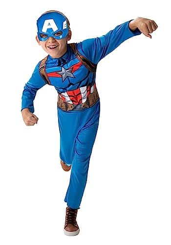 Marvel Captain America Official Youth Value Costume   Full Bodied Fabric Jumpsuit With High Resolution Printed Design And Plastic Half Mask   Medium