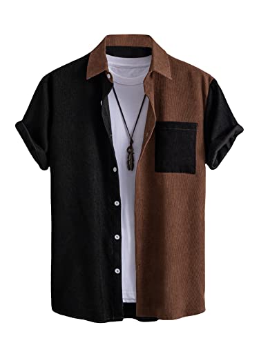 Milumia Men'S Casual Button Up Shirt Pocket Short Sleeve Colorblock Collar Blouse Tops Z Black And Brown Medium