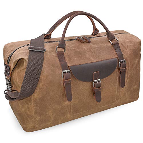 Oversized Travel Duffel Bag Waterproof Canvas Genuine Leather Weekend Bag Weekender Overnight Carryon Hand Bag Brown