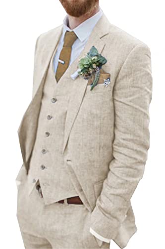 Wehilion Retro Beige Linen Men Suit Notched Lapel Slim Fit Wedding Suit For Men Pieces Linen Jacket Blazer Homecoming