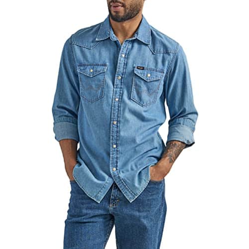 Wrangler Men'S Iconic Denim Regular Fit Snap Shirt, Lake Wash, Large