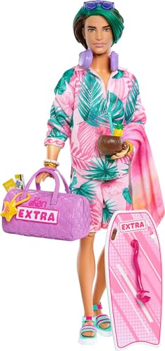 Barbie Extra Fly Ken Doll With Beach Themed Travel Clothes & Accessories, Tropical Outfit With Boogie Board & Duffel Bag