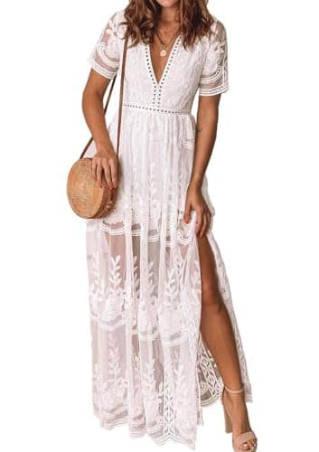 Mermaid'S Closet Womens V Neck Embroidered Lace Maxi Dress Boho White Slit Wedding Guest Bridesmaid Party Dresses